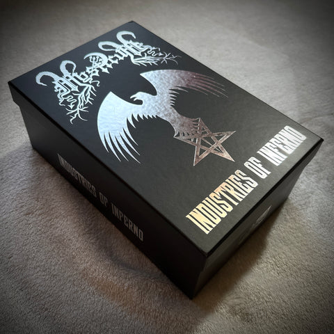 MYSTICUM: Industries of Inferno (ltd 8 cassette boxset & hardcover book + pendant and chain, patches, flag, posters) *preowned/collectible, small split*