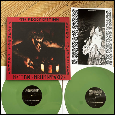 YNKLEUDHERHENAVOGYON / VENYMYSGOURVLEYDH: Freudhek Kothni Sekus Lytherenna 2LP (double olive green vinyl, gatefold sleeve, raw, occult UKBM)