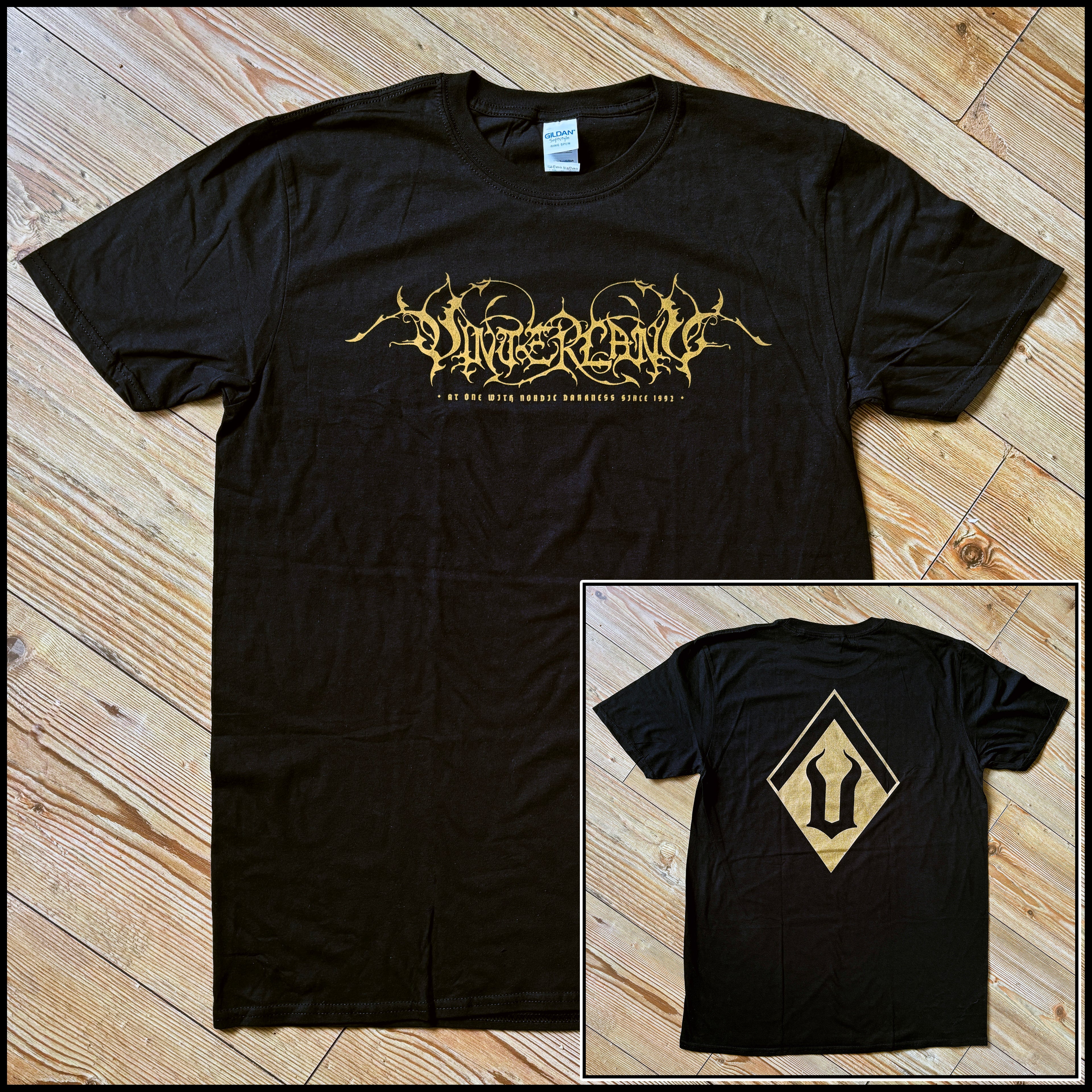 VINTERLAND: official AT ONE WITH NORTHERN DARKNESS shirt (black shirt with gold print)