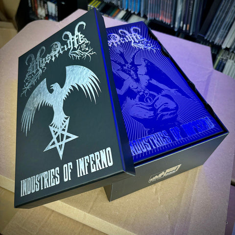 Sale: MYSTICUM: Industries of Inferno (ltd 8 cassette boxset & hardcover book + pendant and chain, patches, flag, posters)