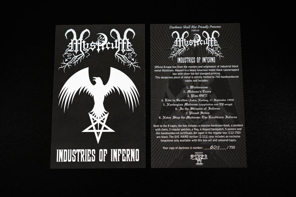 MYSTICUM: Industries of Inferno (ltd 8 cassette boxset & hardcover book + pendant and chain, patches, flag, posters)