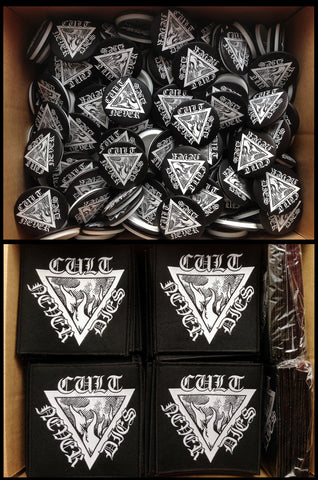 Cult Never Dies high quality woven patch (10cm) and pin badge (4.5cm)